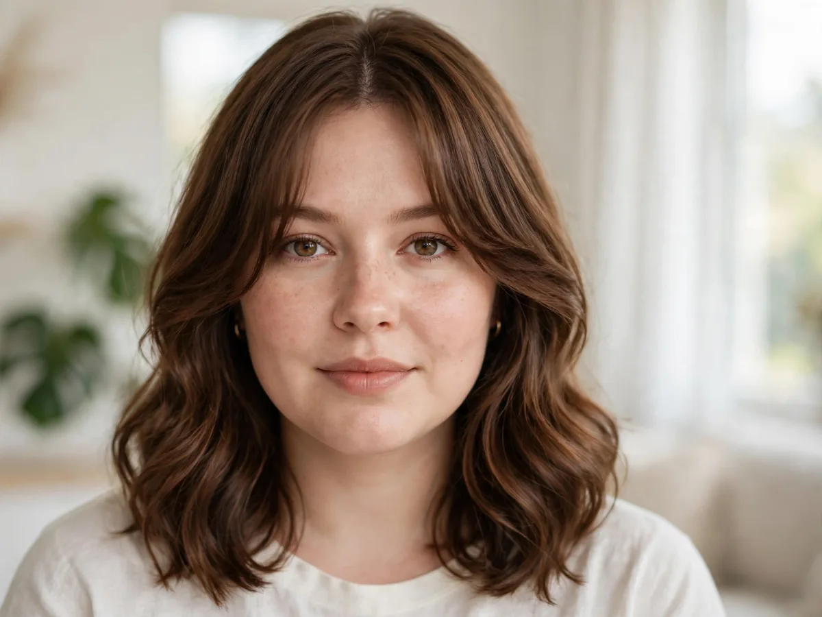 Curtain bangs shaped for a round face, sweeping softly past the cheekbones