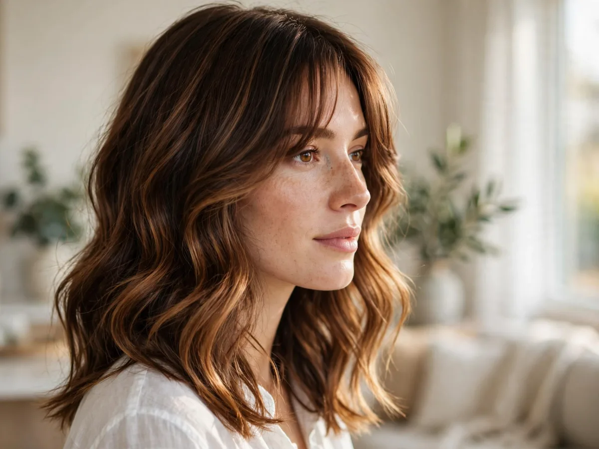 Soft waves, long layers and curtain bangs on shoulder length hair