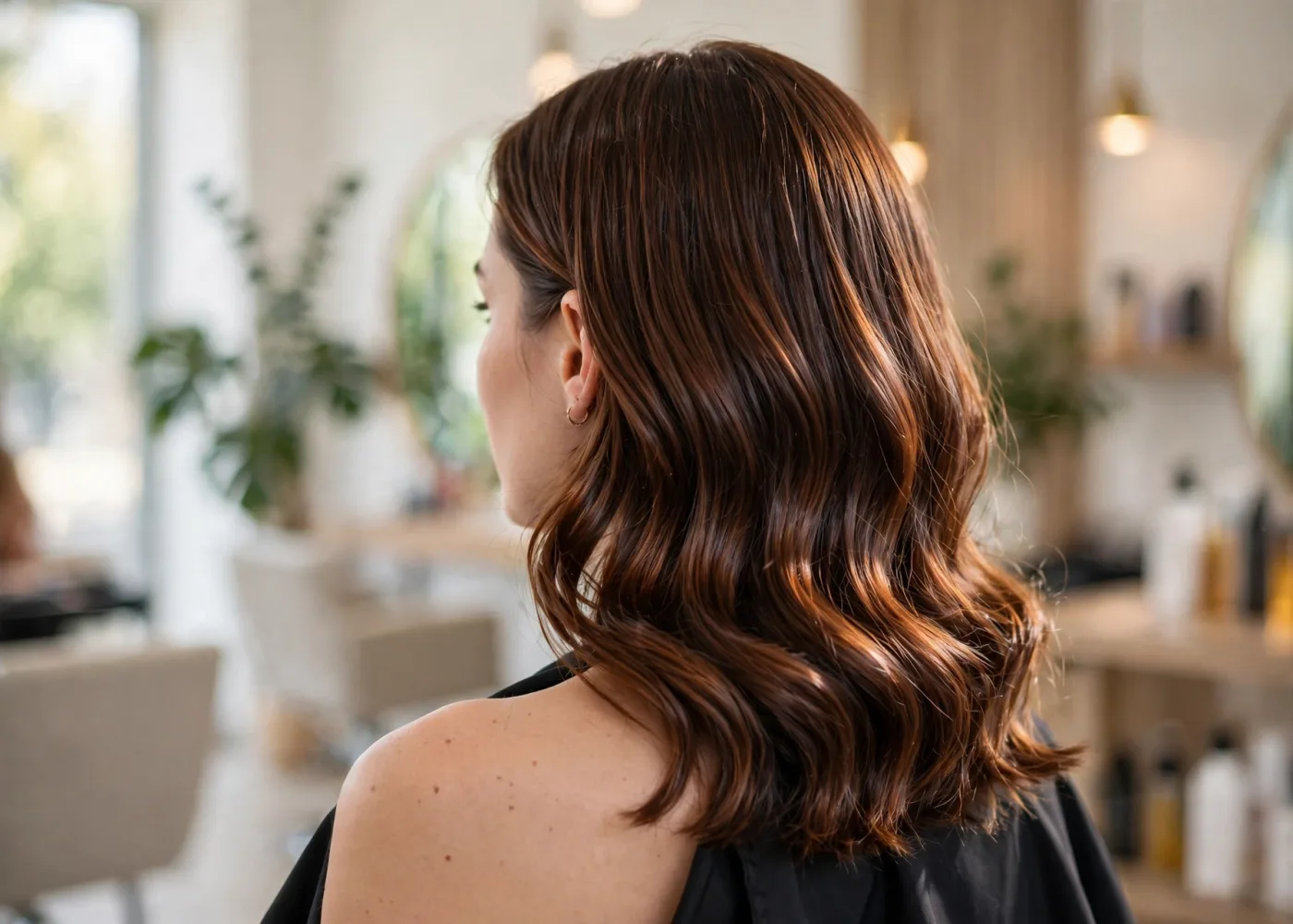 A woman with glossy shoulder length brunette waves